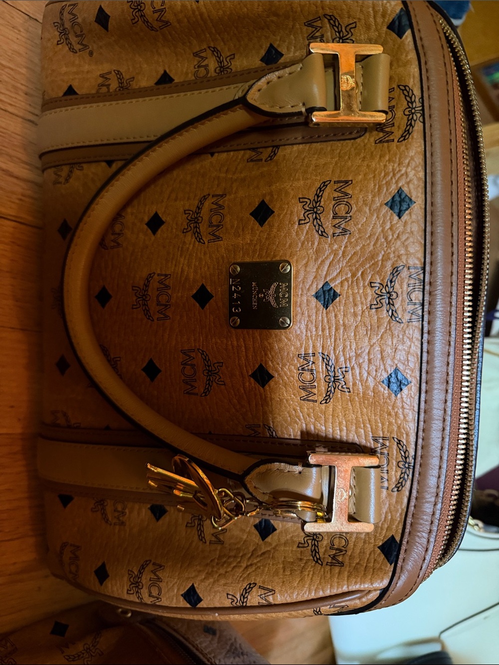 MCM Cognac Visetos Dome Satchel with Gold Hardware